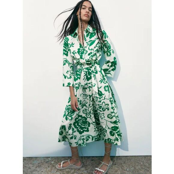 ZARA Green Floral Belted Midi Shirt Dress Women’s Size M - Picture 1 of 13